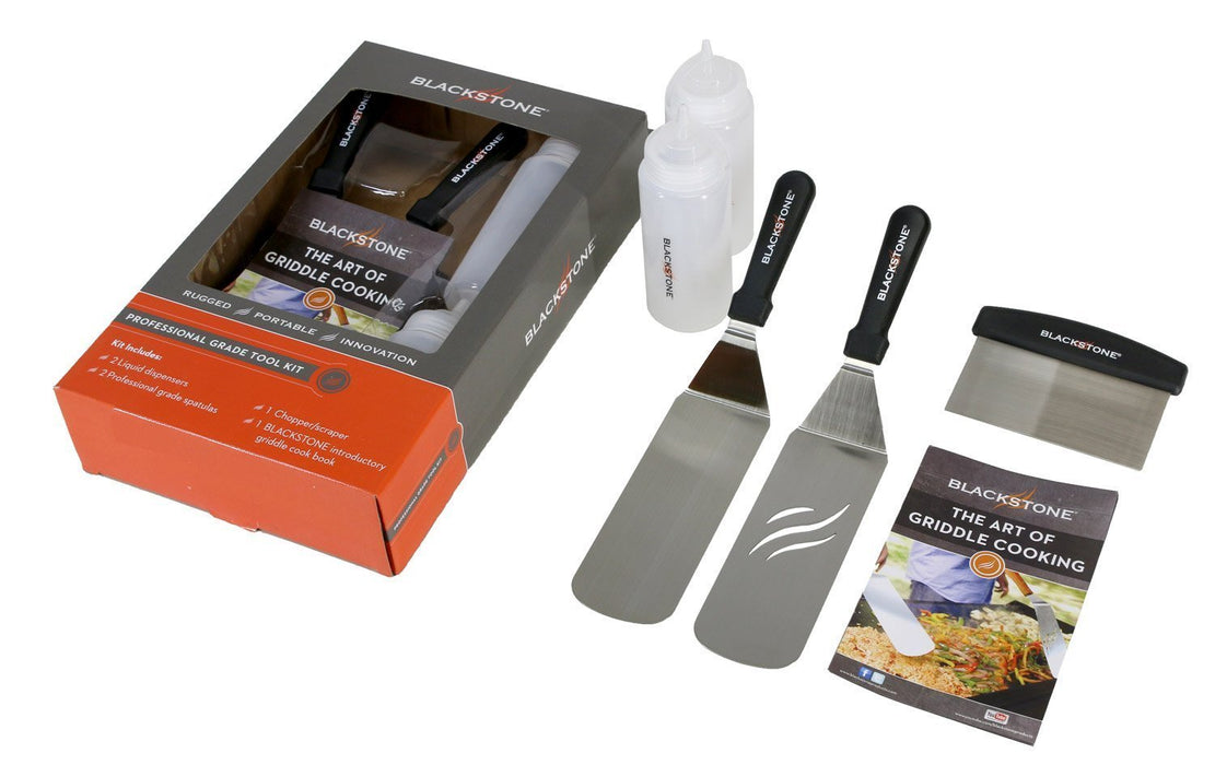 Blackstone 1542 Flat top Griddle Professional Grade Accessory Tool Kit (5 Pieces) 16 oz Bottle, Two Spatulas, Chopper/Scraper and One Cookbook-Perfect for Cooking Indoor or Outdoor, Multicolor - Grill Parts America