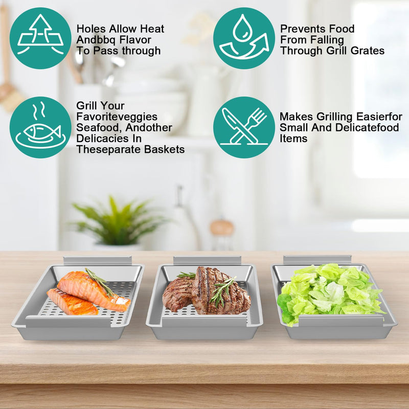 Grill Baskets Set, Outdoor Grilling Tray for Traeger Pellets, Pit Boss, Weber Kettle, Kamado Joe Charcoal Grills, Grilling Accessories for All Grills & Smokers, Grilling Fish Veggies & Meats - Grill Parts America