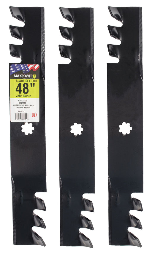 MaxPower 561812XB Set of 3, 3-N-1 Commercial Mulching Blades for 48 in. Cut John Deere Mowers, Replaces OEM no. GX21784, GX21786, Black - Grill Parts America