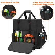 GRAOSO Boat Grill Storage Bag Compatible with Magma Marine Kettles, Grill Cover Carrying Case with 4 Side Pockets for 1lb Propane Cylinders, Padded Handle and Shoulder Strap, Tools Pockets, Black - Grill Parts America
