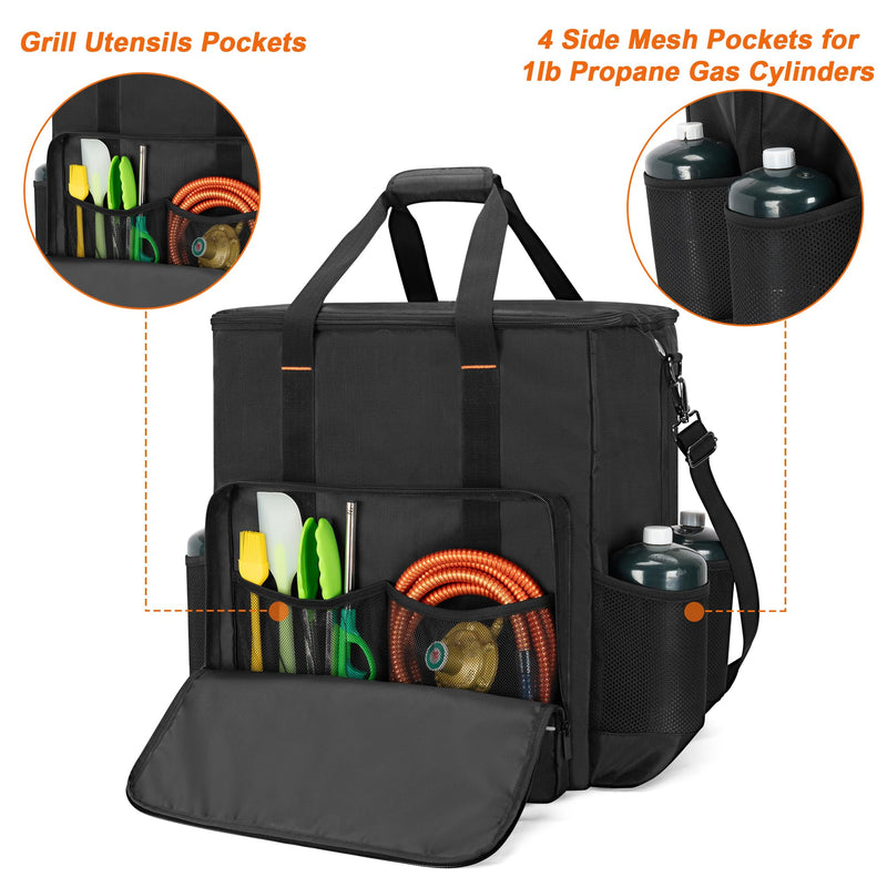 GRAOSO Boat Grill Storage Bag Compatible with Magma Marine Kettles, Grill Cover Carrying Case with 4 Side Pockets for 1lb Propane Cylinders, Padded Handle and Shoulder Strap, Tools Pockets, Black - Grill Parts America