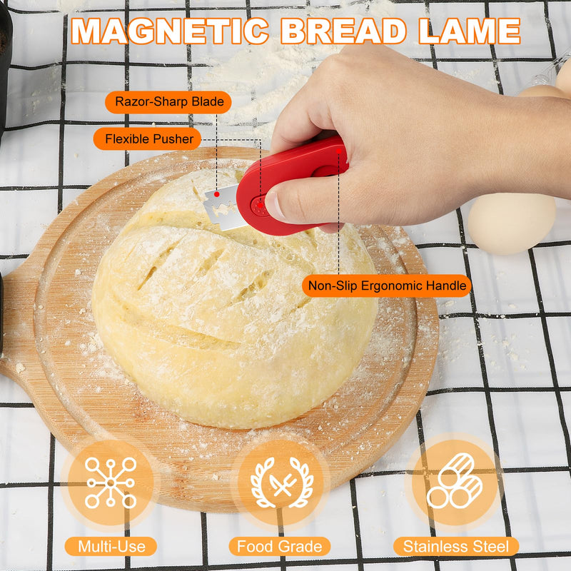 Volnamal Magnetic Bread Lame Dough Scoring Tool - Push-pull Handle for Perfect Bread Scoring Tool for Sourdough Baking & Bread Making Tools, Sourdough Starter Kit 2 Pack w/10 Razor Blades,Red - Grill Parts America