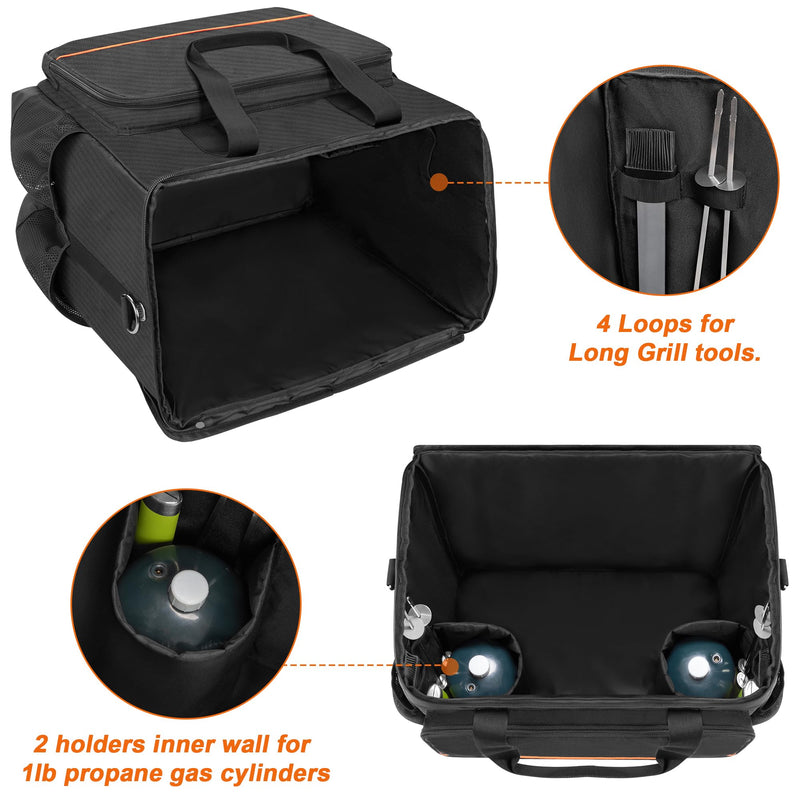 GRAOSO Boat Grill Storage Bag Compatible with Magma Marine Kettles, Grill Cover Carrying Case with 4 Side Pockets for 1lb Propane Cylinders, Padded Handle and Shoulder Strap, Tools Pockets, Black - Grill Parts America