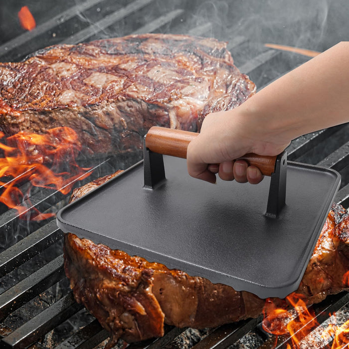 GLOWYE Square Cast Iron Burger Press - 10 Inch Heavy-Duty Meat Weight Press with Wood Handle, Griddle Press for Blackstone/Weber/Camp Chef/Pitboss, 2 Pack Cooking Press for Bacon - Grill Parts America