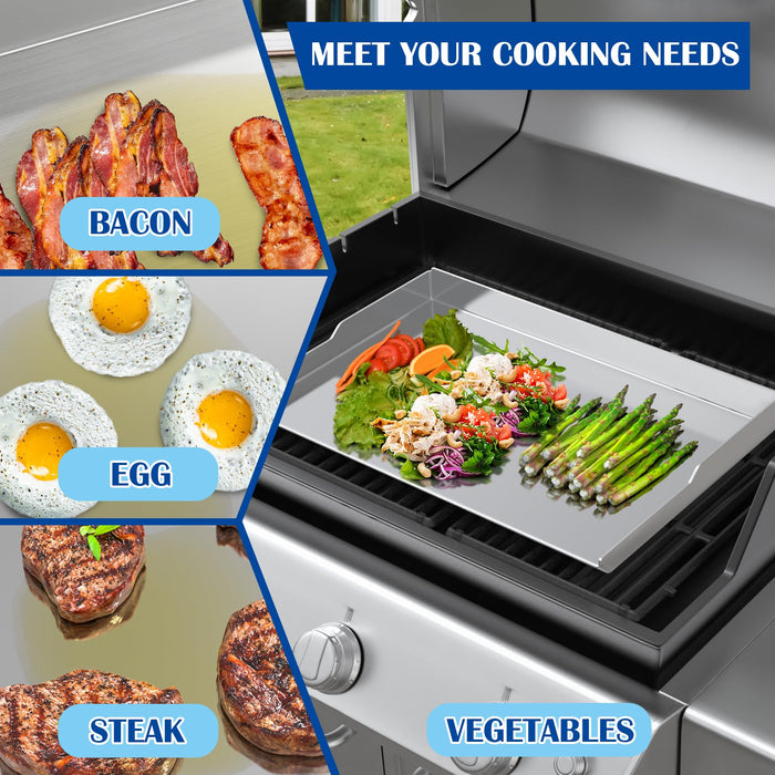 Universal Flat Top BBQ Griddle for Gas/Charcoal Grill, 26" X 18" Stainless Steel Removable griddle insert for Bull, Lion Premium, DCS Series 7, 9, Nexgrill, weber Flat Top Grill and More, for Camping - Grill Parts America