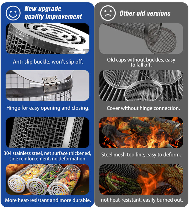 Rolling Grilling Baskets for Outdoor Grill Bbq Net Tube Stainless Steel Large Round Mesh Rotation Barbecue Cylinder Cage Cooking Accessories for Veggies Vegetable Fish Meat Food Camping, Gift for Men - Grill Parts America