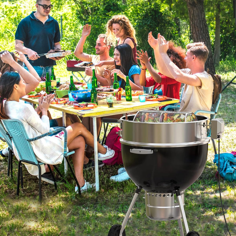 IULULU BBQ Rotisserie 22.5-Inch Kettle-Stainless Steel Grill Rotisseriee Ring Kits for Weber CharcoalGrills with Motor, Forks, Extendable Spit Rod (27"-40"), Silver - Grill Parts America