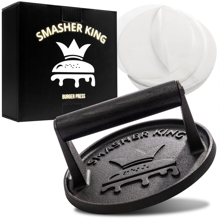 SMASHER KING™ - Premium Cast Iron Smash Burger Press incl. 25 pcs of Patty Paper, Burger Smasher for Griddle with Black Wood Handle, Perfect Hamburger Press, Meat Press, Bacon Press, Sandwich Press - Grill Parts America
