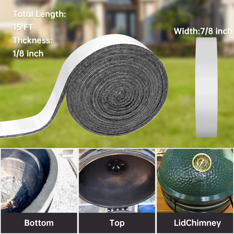 High Temp Grill Gasket Replacement Compatible Fit L/XL Big Green Egg Ceramic Lid Top BBQ Smoker Gasket,Self Stick Felt 15ft Long, 7/8" Wide, 1/8" Thick - Grill Parts America