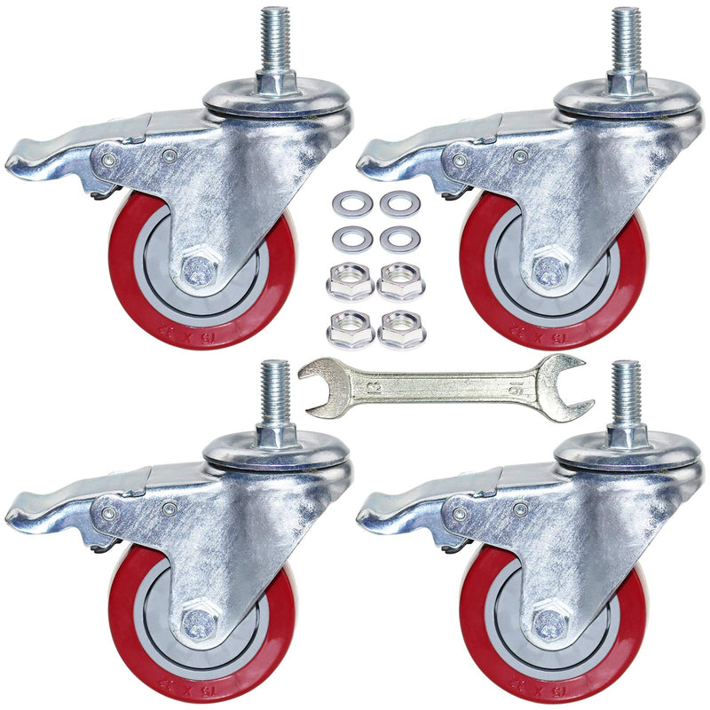 DICASAL 3 Inch Heavy Duty Stem Casters 360 Degree Swivel Thread Wheels with Metric Size M12-1.75 Screw Bolt Double Locking Brake Castor Wheel Load Capacity Upto 900 Lbs Pack of Four - Grill Parts America