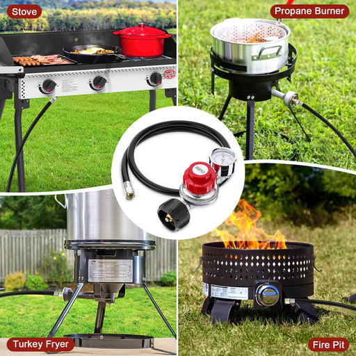 Welltop 4FT Propane Hose with Regulator, High Pressure 0-30 PSI QCC1 Propane Tank Adapter Hose 20lb to 1lb Converter with Gauge for Most LP Gas Grill Heater Fire Pit Table, 3/8" Female Flare Nut - Grill Parts America