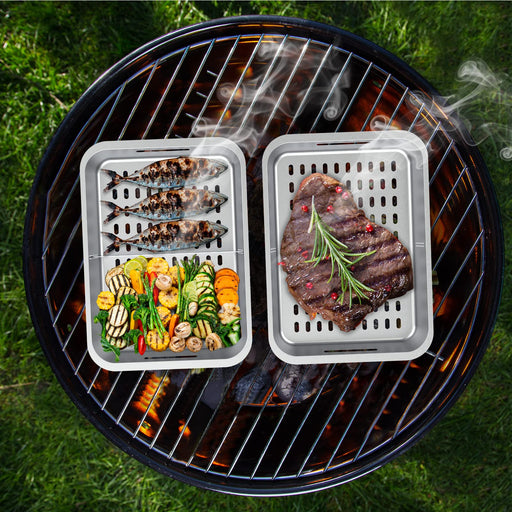 TOVVE Grill Basket Set,6-piece Stainless Steel Vegetable Grilling Tray/Pan, Outdoor Grill Accessories Includes 2 Grill Baskets a Serving Tray & Removable Handle and 2 Baffle For Grilling Fish Veggies - Grill Parts America