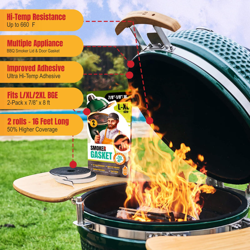 Big Green Egg Gasket Replacement Large/XL/XXL - 2-Pack x 8 FT Smoker Gasket Seal - BGE Gasket 7/8" x 1/8" Felt - Big Green Egg Accessories & Parts for Grill by Smoker Chef - Grill Parts America