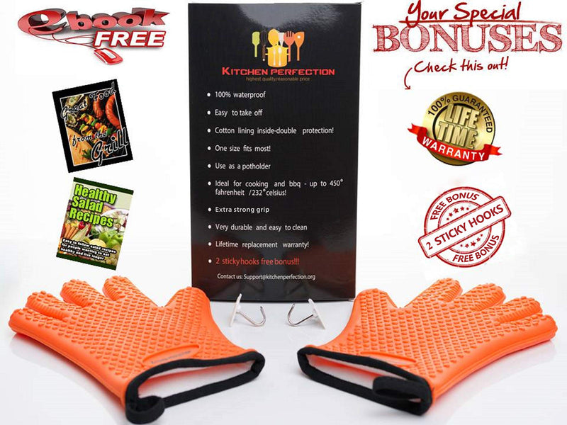 KITCHEN PERFECTION Silicone Smoker Oven Gloves -Extreme Heat Resistant BBQ Gloves -Handle Hot Food Right on Your Grill Fryer Pit|Waterproof Oven Mitts |Superior Value Set+3 Bonuses - Grill Parts America