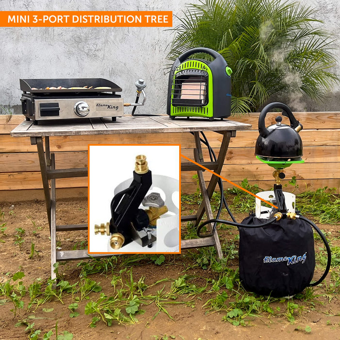 Flame King FK-DTMINI Mini 3-Port Distribution Tree for Camping, Connects 1-lb Appliances to a Standard Propane Tank, Perfect for Lanterns, Stoves, Heaters, and Grills, Black & Gold - Grill Parts America